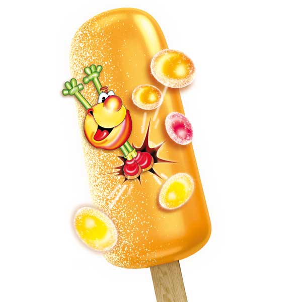 Illustration von Eis mit Pfirsichgeschmack mit Gummibonbons im Eis für MIGROS Schweiz
